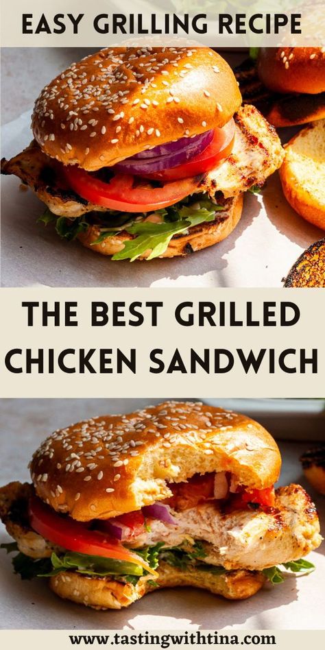 This Grilled Chicken Sandwich Recipe is truly the best ever! With a delicious marinade, brioche buns, tomato slices, red onion, lettuce, and mayo, you'll make these delicious sandwiches again and again. Chicken Sandwich Recipes Grilled, Chicken Thigh Sandwich Recipes, Recipes With Grilled Chicken, Chicken Sandwiches Recipes, Chicken Thigh Sandwich, Best Grilled Chicken Sandwich, Chicken Sandwich Ideas, Chicken Breast Sandwich Recipes, Grilled Chicken Sandwich Recipes