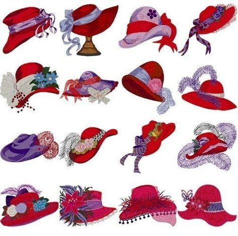 Red Hat Society Fashion, Red Hat Party, Red Hat Club, Hat With Ribbon, Red Hat Ladies, Red Hat Society, Purple Hats, Machine Embroidery Projects, Feather Hat