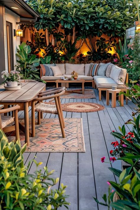 Wooden Deck Furniture, Patio Decorating Ideas Table, Small Cozy Deck Ideas, Outdoor Deck Furniture Ideas, Rustic Patio Furniture Ideas, Small Backyard Furniture Ideas, Small Patio Landscaping Ideas, Deck Layout Ideas Furniture, Small Patio Furniture Layout