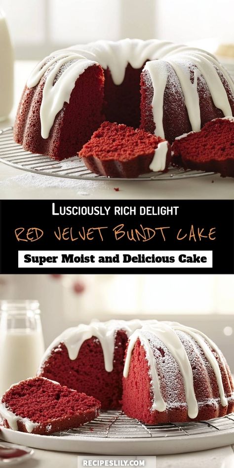 I can't get enough of this luscious Red Velvet Bundt Cake! It's super moist and oh-so-delicious, with a delightful cream cheese drizzle on top. Perfect for any occasion, this cake will impress your friends and family. Trust me, it's a must-try! Red Velvet Bundt Cake With Cream Cheese Filling, Red Velvet Nothing Bundt Cake Recipe, Red Velvet Bundt Cake Recipe, Cream Cheese Drizzle, Red Velvet Bundt, Red Velvet Bundt Cake, Velvet Recipes, Red Velvet Recipes, Nothing Bundt Cakes