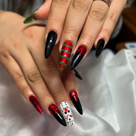 Freddy vs Jason💚❤️🖤🤍 #nailzbydreaaa #nailsnailsnails #nailinspo #recreation #nailsnailsnails #nails #209nails #209 #modestonails #modesto #3dnails #nailart #naildesign #rarjsmgelpoilsh #rarjsm #pressons #pressonnails #nailsofinstagram #handpainted #pressonnails #gelxnails #ɢᴇʟx #freddykrueger #jason #freddyvsjason #happyhalloween #halloweennails #spookynails Freddy Vs Jason, Freddy Krueger, 3d Nails, Halloween Nails, Press On Nails, Nail Inspo, Happy Halloween, Nail Designs, Nail Art