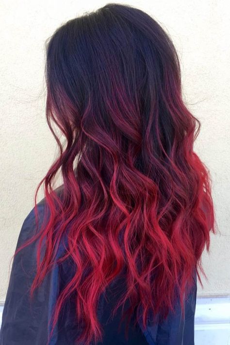 Faded Hair Color Ideas, Burgundy To Red Ombre Hair, Burgundy Red Ombre Hair, Color Melt Brunette To Red, Red And Black Bayalage, Fantastic Hair Color, Dark Red To Light Red Ombre, Dark Brown Red Ombre Hair, Hair Color On Tips Of Hair