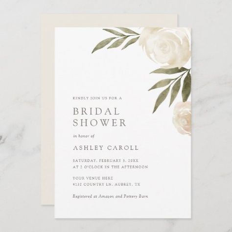 $1.98 | Elegant White Floral Greenery Bridal Shower Invita - white rose, greenery foliage leaves, country wedding, spring wedding, champagne ivory white, botanical flowers, rustic bridal shower, elegant bridal shower invite, white floral bridal shower, watercolor modern simple rustic White Roses Wedding, Wedding Rehearsal Dinner Invitations, Wedding Reception Invitations, Floral Greenery, Rose Wedding Invitations, Elegant Bridal Shower, Reception Invitations, Country Wedding Invitations, Greenery Wedding Invitations