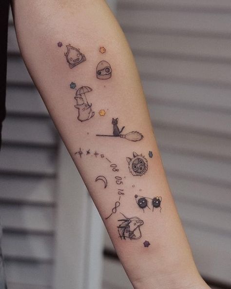 Studio Ghibli Finger Tattoos, Subtle Anime Tattoo Ideas, Studio Ghibli Art Tattoo, Ghibli Aesthetic Tattoo, Anime Inspired Tattoos Studio Ghibli, Anime Inspo Tattoo, Studio Ghibli Tattoos Small Minimalist, Studio Ghibli Tattoo Sleeve Arm, Cute Ghibli Tattoo