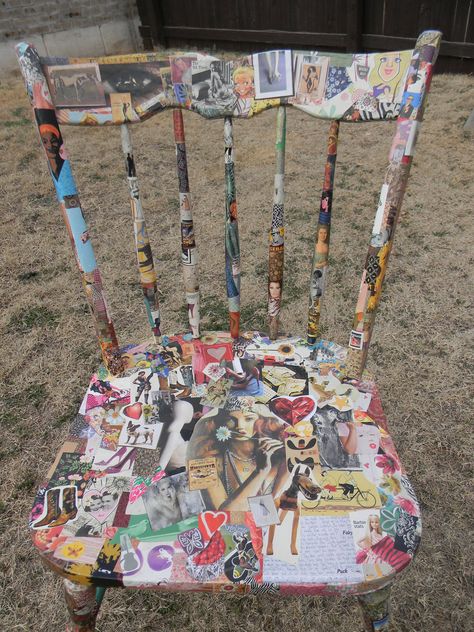 collage chair Chair Collage, Collage Furniture, Collage Sculpture, Decoupage Furniture, Decoupage Ideas, Old Chair, Modge Podge, Painted Chairs, Art Chair