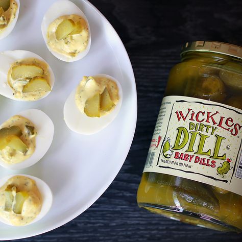 These Dirty Dill Baby Dills will take your Deviled Eggs game to a whole new, wicked level. Deviled Eggs Recipe With Pickles, Recipe With Pickles, Dill Deviled Eggs, Pickled Deviled Eggs Recipe, Creative Food Photography, Egg Souffle, Devilled Eggs, Pickles Recipe, Egg Dishes