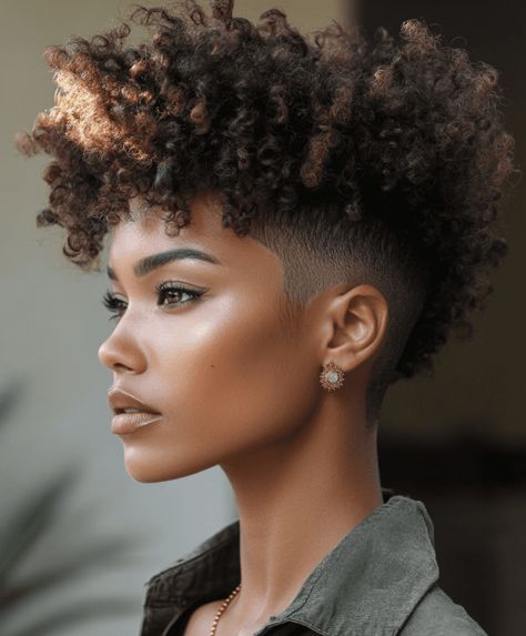 Short Curly Mohawk, Afro Styles, Natural Hair Haircuts, Short Haircuts For Black Women, Curly Mohawk, Shaved Side Hairstyles, Haircuts For Black Women, Tapered Natural Hair, Natural Hair Cuts