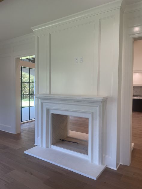 Large White Fireplace, Living Room With No Fireplace Ideas, Timeless Transitional Home, Tv On Opposite Wall Of Fireplace, Fireplace Mantle Design Ideas, Colonial Fireplace Mantle, Tongue And Groove Fireplace Wall, Corner Bedroom Fireplace, Primary Bedroom With Fireplace