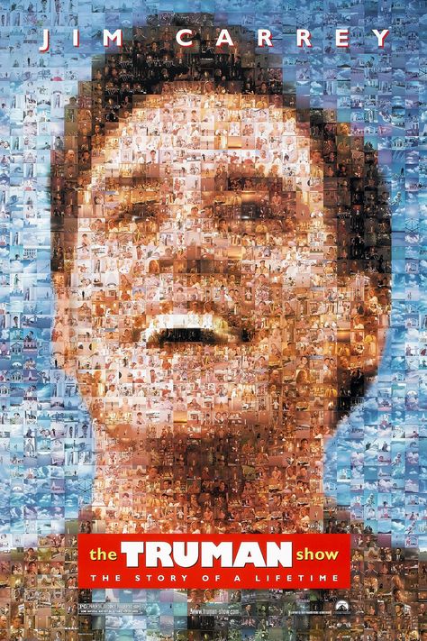 1) The Truman portray is created based on repetition and variation of small pictures of different people, but gives the sense of oneness. 2) In the movie, all those people (segments) actually created Truman(the unit). The poster design enhances the philosophy and theme of the movie. Jim Carrey Movies, Natascha Mcelhone, Beau Film, The Truman Show, Best Movie Posters, Movies Worth Watching, Septième Art, See Movie, Original Movie Posters