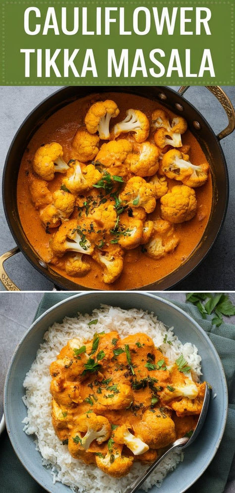 Cauliflower Tikka Masala: a hearty, vegetarian twist on the classic! Tender cauliflower in a rich, spiced tomato sauce with creamy yogurt. Perfectly comforting, flavorful, and full of Indian-inspired goodness! Tikka Masala Crockpot, Vegetarian Tikka Masala, Cauliflower Tikka Masala, Vegetarian Recipes Indian, Tikka Masala Vegetarian, Indian Recipes Vegetarian, Creamy Yogurt, Tikka Masala Recipe, Creamy Cauliflower