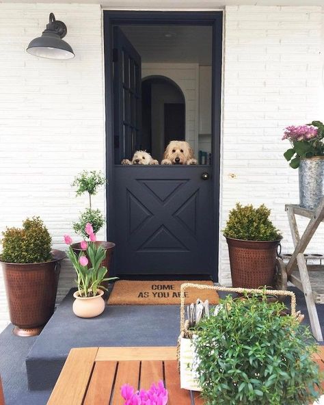 Where We Got Our Dutch Doors + FAQ - The Inspired Room Side Entry Door, Farmhouse Exterior Paint Colors, Dutch Doors Exterior, Space Saving Doors, Dutch Doors, Concrete Paint, Kabinet Dapur, Door White, Brick Stone