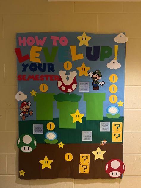 Scooby Doo Bulletin Board Ideas, Back To School Bulletin Boards College, College Floor Themes, Super Mario Bulletin Board, Dorm Bulletin Board Ideas, Growth Bulletin Board, Ra Boards College, Mario Bulletin Board, Bulletin Board Ideas For College