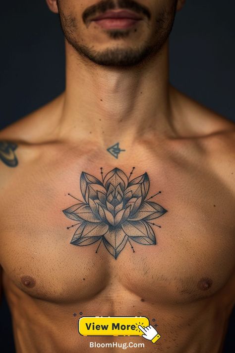 A chest piece featuring a starburst mandala, with sharp geometric lines radiating from the center, symbolizing energy and focus. Lotus Chest Tattoo Men, Lotus Flower Tattoo Design For Men, Floral Tattoos Men, Center Chest Tattoo Men, Tattoo Chest Piece, Tattoo For Men Ideas, Men Flower Tattoo, Lotus Flower Tattoo Design, Chest Tattoo Men