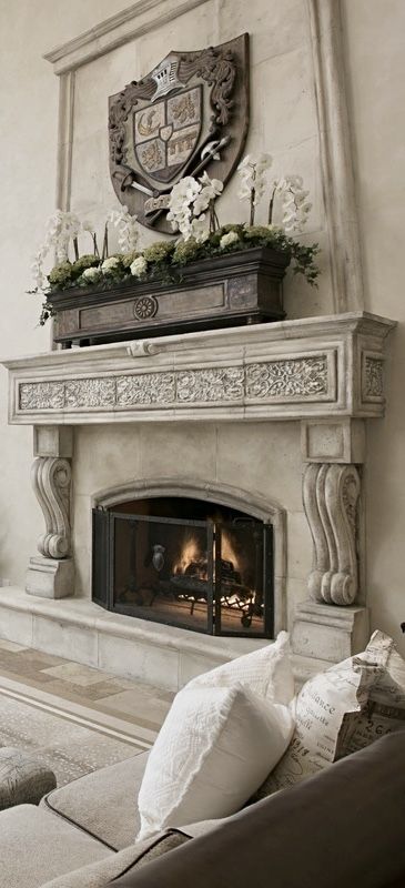 Grand Old World Fireplace Old World Fireplaces French Country, Old World Castle Decor, Old World Fireplace Ideas, Mediterranean Fireplace, Old World Decorating, Tuscan Home Decorating, Italian Fireplace, Spanish Living Room, Rustic Italian Decor