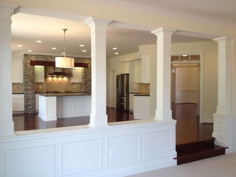 Step Down Family Room Build A Half Wall, Half Wall With Columns, Living Room Kitchen Divider, Wall Between Kitchen And Living Room, Half Wall Room Divider, Half Wall Ideas, Column Ideas, Half Walls, Sunken Living Room