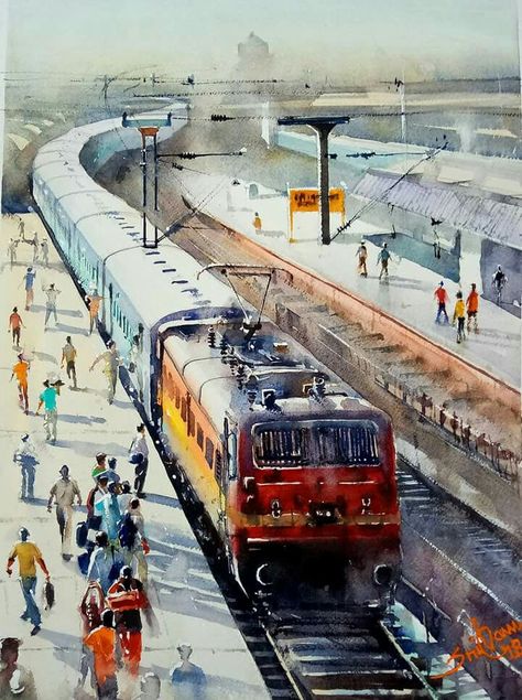 Railway Station Painting, Watercolor Composition, Memory Drawing, Composition Drawing, Easy Landscape Paintings, Watercolor Scenery, Composition Painting, Paintings For Beginners, Watercolor Art Landscape