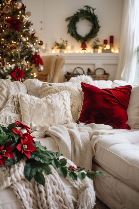 Elegant and Comfortable Christmas Theme Sofa Styles Couch Decor Christmas, Lounge Christmas Decor, Christmas Living Room Pillows, Christmas Decor Ideas Couch, Christmas Decor Ideas Green And Red, Red Christmas Decor Living Rooms, Christmas Pillows On Couch Ideas, Elegant Christmas Living Room Decor, Holiday Decor Christmas Living Room