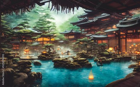 Minecraft Hot Springs, Japanese Fantasy Landscape, Concept Art Anime, Zen Place, Japanese Onsen, Japanese Hot Springs, Spring In Japan, Landscape Sketch, Japanese Landscape