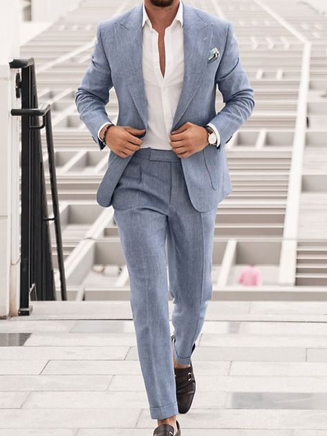 Blue Men's Wedding Linen Suits Summer Beach Wedding Suits 2 Piece Solid Colored Tailored Fit Single Breasted Two-buttons 2024 2024 - $93.99 Wedding Guest Men, Wedding Guest Suits, Linen Suits For Men, Beach Wedding Suits, Beach Wedding Attire, Mens Wedding Attire, Groom Wedding Attire, Blue Suit Men, Blue Suit Wedding