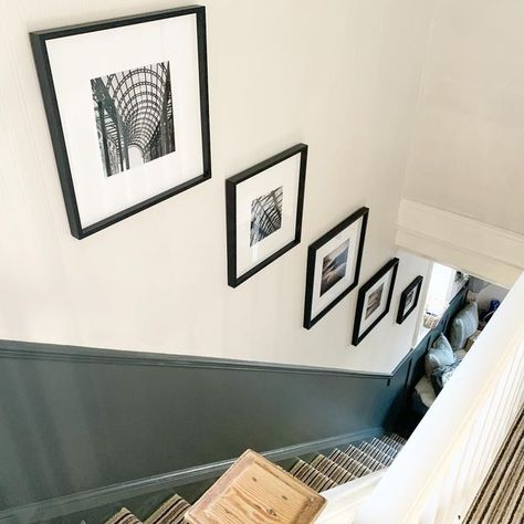 Green Dado Rail Hallway, Hallway Split Colour, Staircase Dado Rail, Dado Rail Hallway Paint Wall Colors, Narrow Hallway Colour Ideas, Sage Hallway Ideas, Closed Staircase Ideas Decor, Hallway Dado Rail, Hall And Stairs Decorating Ideas