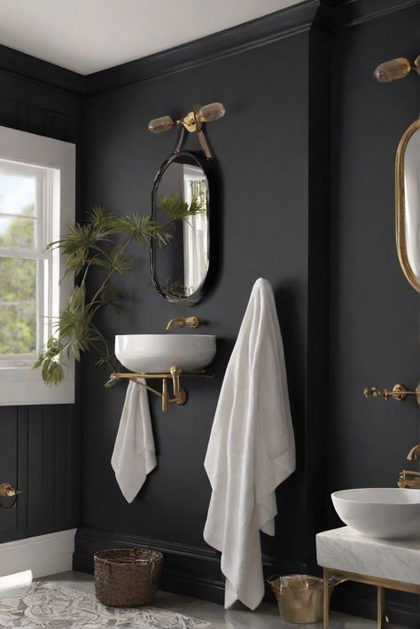 interior wall paint, interior design decor, kitchen wall paint, living room design ideas Black Paint Bathroom Walls, Black Bathroom Paint Colors, Sw Iron Ore Bathroom Walls, Dark Paint For Bathroom, Sw Dutch Cocoa, Dark Bathroom Paint Ideas, Moody Bathroom Paint, Dark Bathroom Paint Colors, Dark Bathroom Walls