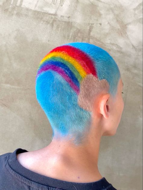 Pride rainbow shaved hair design for women Pride Buzzcut, Rainbow Buzzcut, Shaved Head Art, Pride Hair, Hair Art Buzzcut, Patterned Buzzcut Dye, Painted Buzzcut, Buzzcut Hair Dye Art, Rainbow Shaved Head