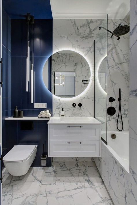 Blue Marble Bathroom, Colorful Bathroom Decor, Color Trends 2024, Color Bathroom Design, Cabinet Trends, Colorful Bathroom, Kitchen Cabinet Trends, Girly Apartment Decor, Bathroom Decor Colors