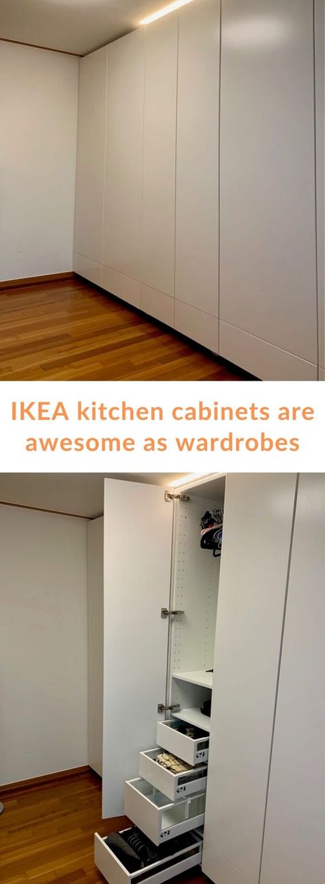 IKEA kitchen cabinets are great as wardrobes. Here's proof.. The IKEA METOD / SEKTION kitchen range is fabulous in the bedroom as a wardrobe or storage. Ikea Cabinet Hack Bedroom, Ikea Metod Storage, Ikea Kitchen Cabinets As Closet, Ikea Sektion Wardrobe, Ikea Sektion Bedroom, Ikea Sektion Closet Hack, Ikea Sektion Closet, Ikea Metod Wardrobe, Ikea Platsa Wardrobe Hack