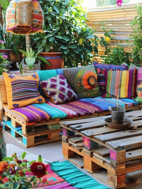 Hippie Backyard, Boho Outdoor Space, Curtains Living, French Doors Interior, Wallpaper Walls Decor, Colourful Cushions, Living Room Windows, Diy Pallet Furniture, Dining Room Inspiration