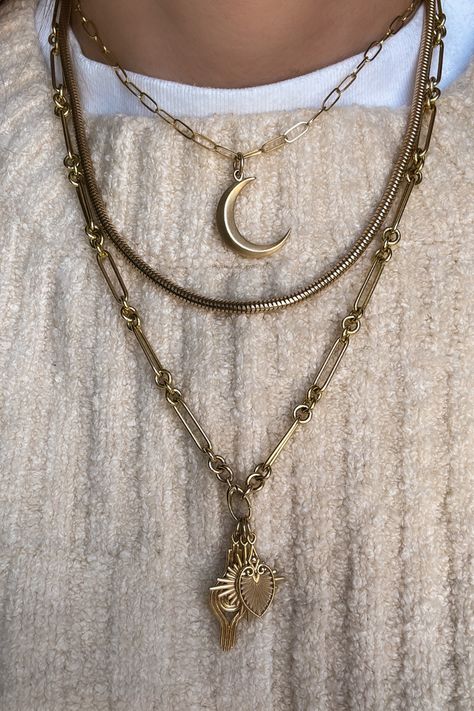 Love pairing my favorite @psychefinejewelry chains and charms with cozy knits for winter. Gold jewelry can really elevate a casual outfit. #goldjewelryaesthetic #goldchains #goldcharms Layered gold necklaces • Greek mythology inspired charms • Stylish crescent moon pendant • Elegant charm necklaces • Handcrafted gold jewelry • Trendy layered jewelry look • Unique artisan necklaces • Fashion influencer jewelry picks • Vintage-inspired gold chains • Statement charm layering Neck Mess, Necklaces Elegant, Greek Mythology Jewelry, Layered Gold Necklaces, Gold Jewelry Aesthetic, Mythology Jewelry, Winter Gold, Gold Pinky Ring, Artisan Necklace