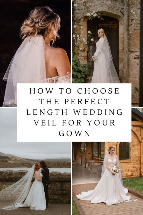 a link to a blog showing how to choose the perfect length wedding veil for your wedding gown. featuring short veils, long veils, chapel length veils and floral veils. How To Choose Wedding Veil, Wedding Veil Length Chart, What Kind Of Veil Wedding Dresses, Wedding Dress And Veil Ideas, Trumpet Wedding Dress With Veil, Veil Lengths Chart, Finger Tip Veils Bridal, Different Wedding Veil Styles, Bridal Veil Styling