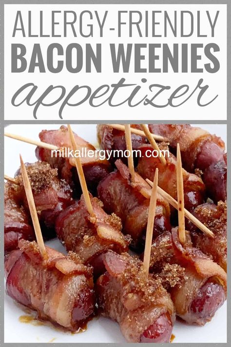 Easy appetizer, just 3 ingredients & allergy-friendly! Can sit hot in crockpot for hours. Recipe at Milk Allergy Mom. Enjoy! Bacon Weenies, Lactose Free Appetizers, Gluten Free Dairy Free Appetizers, Milk Allergy Mom, Gluten Free Party Food, Gluten Free Party, Dairy Free Appetizers, Brown Sugar Bacon, Appetizers For Kids