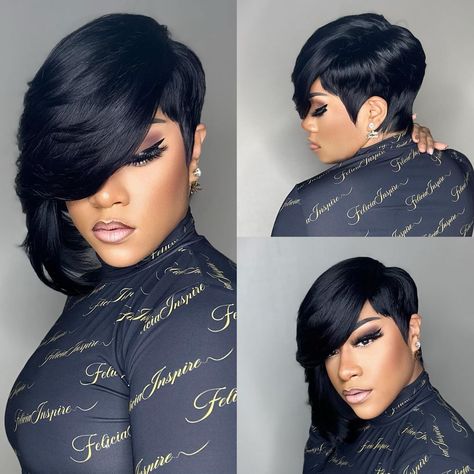 Felicia Inspire | Removable Quick Weave Wig #feliciainspire #feliciainspire✨ #atlantahairstylist #atlantahairsalon #atlantahairstyles | Instagram Short Hairstyles For Black Women Weave, Short Black Bob With Highlights, Long On One Side Short On The Other, Shaved Side Quick Weave Hairstyles, 90s Weave Hairstyles, Feather Bob For Black Women, Quick Weaves For Black Women, Pixie Quick Weave Black Women, Short Quick Weave Styles 27 Piece