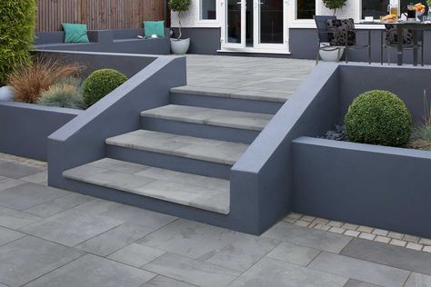 Garden Slabs, Slate Garden, Raised Patio, Patio Steps, Patio Slabs, Tiered Garden, Back Garden Design, Garden Paving, Sloped Garden