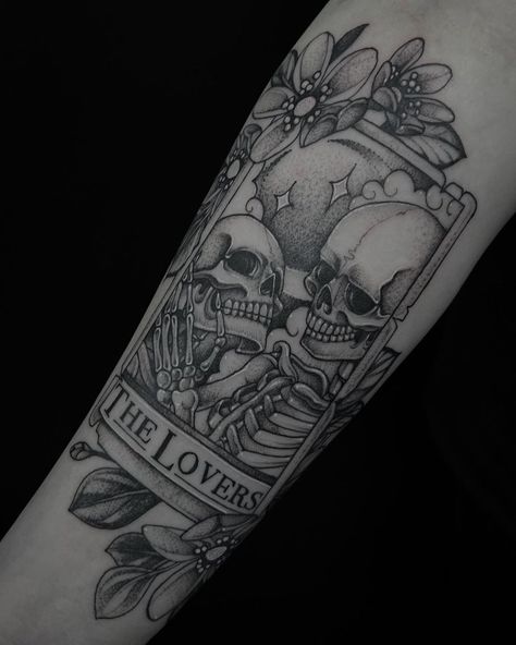 Tarot Card Inner Bicep Tattoo, Matching Tattoos Tarot Cards, Tarot Card Tattoos The Lovers, Lesbian Tarot Card Tattoo, Tarpt Card Tattoo, Lover Tarot Cards Tattoo, Tarot Card Tattoo The Lovers, The Lovers Tarot Card Tattoo Traditional, Tarot Card Tattoo Placement