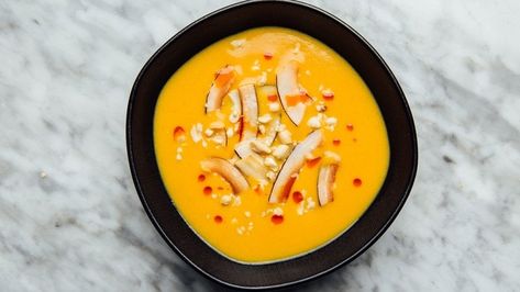 Sweet Potato–Turmeric Miso Soup Recipe | Bon Appetit Miso Recipe, Miso Soup Recipe, Sweet Potato Recipes Healthy, Japanese Sweet Potato, Turmeric Recipes, Stuffed Sweet Potato Healthy, Fresh Turmeric, Cold Soup, Unsweetened Coconut Milk