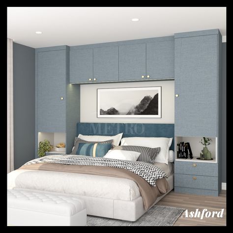 Add style and functionality to the unused space above the bed Bed With Two Side Wardrobe, Bed Side Wardrobes, Bed With Cupboards Either Side, Bed Attached Dressing Table, Bedroom Wardrobe With Bed, Bed Side Storage Ideas, Bedroom With Wardrobe On Both Sides, Wardrobe Design Over Bed, Bed Back Side Wardrobe Design