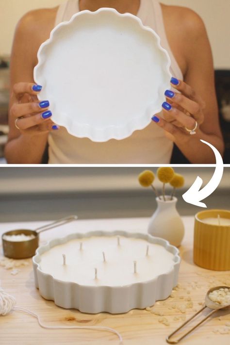 Candle with 7 Wicks How To Make Large Candles, Thrift Store Candle Containers, Diy Large Candle Bowl, How To Make Dough Bowl Candles, Dough Bowl Candles Diy, Diy Large Candle, Snowflake Tablescape, Candle Container Ideas, Diy Candle Containers