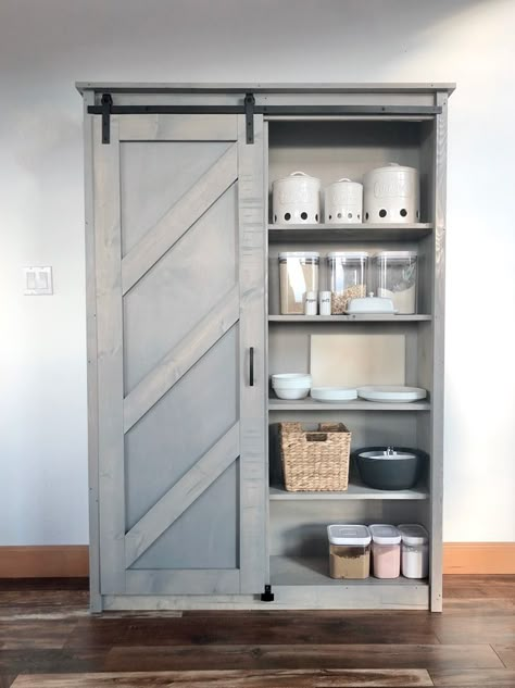 Building A Small Pantry, Barn Door Cabinets, Barn Door Pantry Kitchen Farmhouse, Farmhouse Kitchen Pantry Barn Door, Bookshelf Barn Door, Pantry Shelving Barn Door, Pantry Cabinet With Barn Door, Barn Door Bookcase, Barn Door Pantry