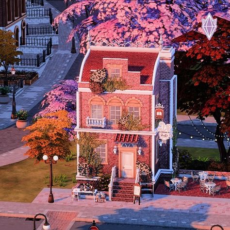 Here is a cafe/bookstore i built in Britechester on the Sims 4. I wanted to create a place for students to chill and read after a long day, or even do their homework! Sims 4 Bakery Exterior, Sims 4 Book Store, Sims 4 Bookstore Cc, Sims 4 Cafe Shop, Sims 4 Student House, Sims 4 Bookstore, Sims 4 Coffee Shop Build, Sims 4 Cafe Build, Sims 4 Cat Cafe