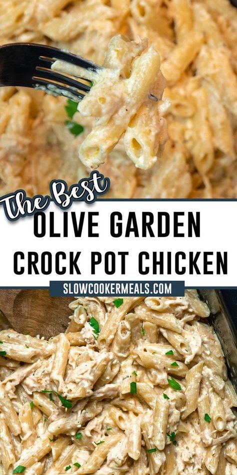 This creamy Olive Garden Crock Pot Chicken combines slow-cooked chicken and a creamy, cheesy sauce (that also contains Olive Garden dressing) for an easy pasta dinner that will make you want to eat dinner at home every night. Olive Garden Chicken Pasta Crockpot, Olive Garden Crockpot Chicken, Crock Pot Olive Garden Chicken, Slowcooker Pasta, Olive Garden Chicken Alfredo, Slow Cooker Kip, Olive Garden Chicken Pasta, Pasta Crockpot, Olive Garden Chicken