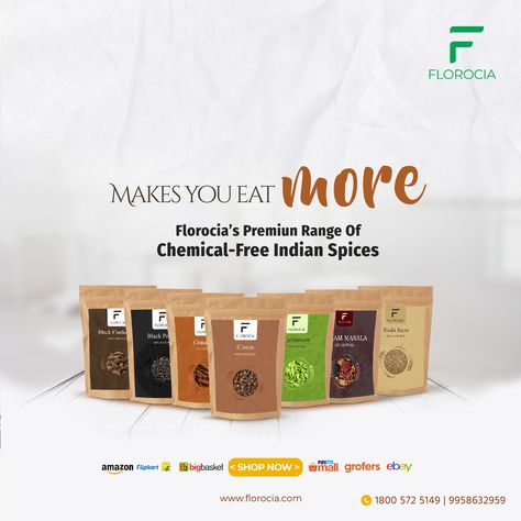 We've come up with this premium range of Indian spices that are used in just about all Indian food, encompassing several centuries-old culinary traditions from all over the country. www.florocia.com 1800 572 5149 . #florocia #healthyfood #healthylifestyle #healthyoils #chemicalfreelife #chemicalfree #delhigram #groundnutoil #natural #skincare #aroma #organic #farm #oil #unrefined #woodenpressedoil #residuefree #indianspices #indianherbs #herbsandspices #spicesandherbs #spicesofindia #spices Spice Creative Ads, Spices Creative Ads, Spice Packaging, Funny Illusions, Real Estate Marketing Design, Organic Spice, Graphic Design Ads, Ayurvedic Herbs, Organic Farm