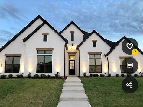 Hardie And Brick Exterior, White Brick Modern Farmhouse, Spec Home Exterior, Exterior Vestibule, White Stucco House With Black Trim, Home Design Ideas Exterior, Modern Traditional Exterior, White And Black House Exterior, Minimalist House Exterior