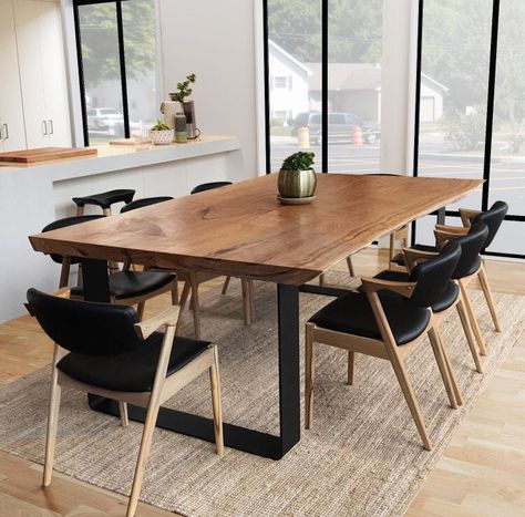 BlackButt live edge slab dining table | Slab dining tables, Live edge slab dining table, Dining room decor modern Live Edge Table Dining Rooms, Live Edge Dining Room, Rustic Dining Room Table, Dining Room Decor Modern, Bohemian Dining Room, Modern Apartment Decor, Black Chairs, Farmhouse Dining Room Table, Set Meja Makan