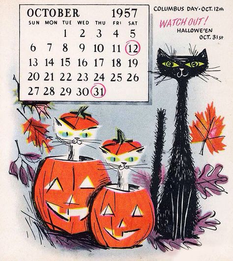 1957 vintage calendar Halloween Calendar, Vintage Halloween Cards, Photo Halloween, Vintage Halloween Images, Chat Halloween, Vintage Calendar, Carte Halloween, Halloween 1, Halloween Illustration