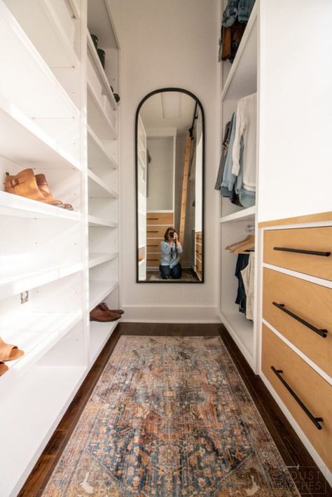 Separate Master Closets, Mudroom Connected To Master Closet, Redo Master Closet, Smaller Master Closet Ideas, His Master Closet, Spanish Walk In Closet, Mansion Bedroom Master Walk In Closet, Master Closet Doors Walk In, Master Closet Off Bathroom