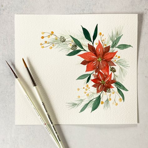 Poinsettia Flower Watercolor, Christmas Watercolor Florals, Christmas Flower Paintings, How To Paint A Poinsettia, Christmas Flowers Painting, Poinsettia Watercolor Paintings, Christmas Flowers Watercolor, Watercolor Pointsetta, Pointsetta Painting