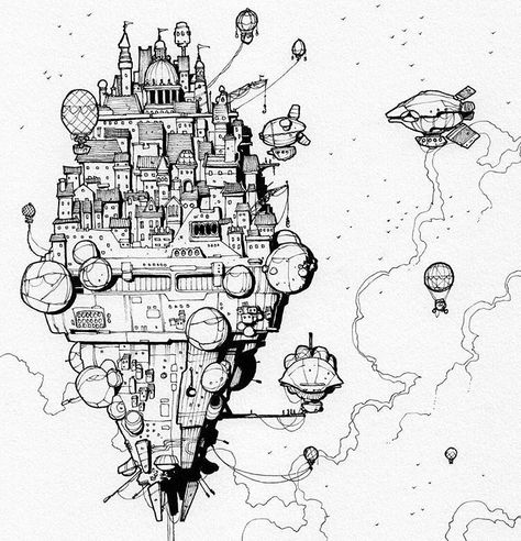 Wonderfully detailed #penandink #airship #illustration by an illustrator with the handle  @thisnorthernboy  on Instagram. Theres a really interesting #juxtaposition of #architectural and #technological styles in this #drawing  First you have the #steampunk style #dirigible and various #hotairballoon #flyingmachines. All of those #flyingships are docked or #flying around a #medieval style castle or is it a stacked #city? Or #skyscrapers? Whatever they are (besides really cool looking) they are th Map Ink Drawing, Fantasy Drawings, City Drawing, Medieval Style, Castle In The Sky, Steampunk Style, Landscape Drawings, Ink Sketch, Ink Illustrations