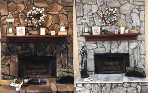 Paint Stone Fireplace Gray, Painting A Rock Fireplace Gray, Grey Painted Rock Fireplace, Gray Washed Stone Fireplace, Painting Rock Fireplace Before And After, Gray Wash Stone Fireplace, Grey Wash Stone Fireplace, Rock Fireplace Makeover Before And After, Stone Fireplace Makeover Before After