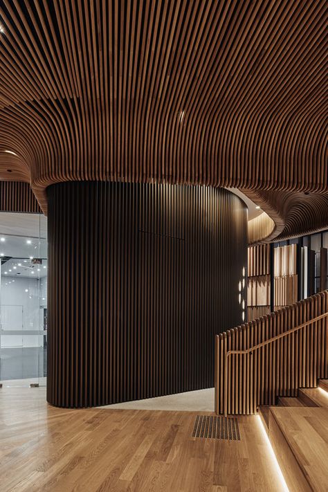 Concave and Convex: Designing with Curved Wood | ArchDaily Woods Bagot, Conservatory Design, Timber Battens, Timber Ceiling, Ceiling Ideas, Curved Wood, Retail Interior, Wood Ceilings, Retail Space